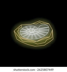 Glowing neon ammonite fossil trapped in a rock, representing paleontology and ancient times