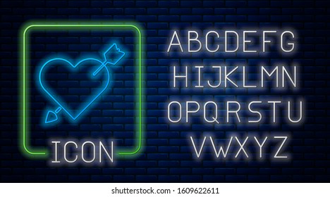 Glowing neon Amour symbol with heart and arrow icon isolated on brick wall background. Love sign. Valentines symbol. Neon light alphabet. Vector Illustration