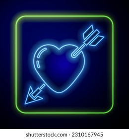 Glowing neon Amour symbol with heart and arrow icon isolated on blue background. Love sign. Valentines symbol.  Vector