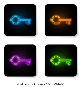 Glowing neon Ancient key for game icon isolated on white background. Black square button. Vector Illustration