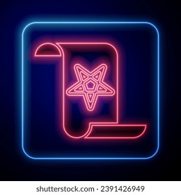Glowing neon Ancient magic book with alchemy recipes and mystic spells and enchantments icon isolated on blue background.  Vector