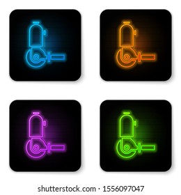 Glowing neon Angle grinder icon isolated on white background. Black square button. Vector Illustration