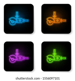 Glowing neon Angle grinder icon isolated on white background. Black square button. Vector Illustration