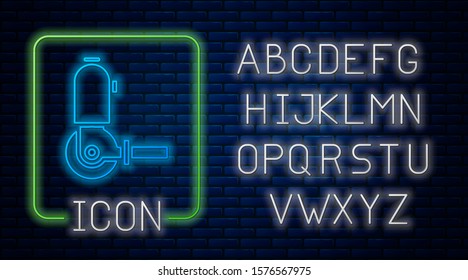 Glowing neon Angle grinder icon isolated on brick wall background. Neon light alphabet. Vector Illustration