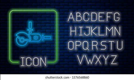 Glowing neon Angle grinder icon isolated on brick wall background. Neon light alphabet. Vector Illustration
