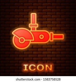Glowing neon Angle grinder icon isolated on brick wall background.  Vector Illustration