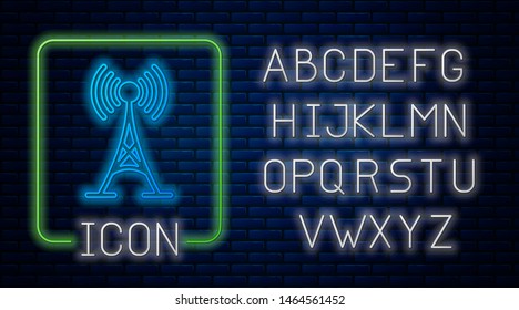 Glowing neon Antenna icon isolated on brick wall background. Radio antenna wireless. Technology and network signal radio antenna. Neon light alphabet. Vector Illustration