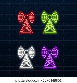 Glowing neon Antenna icon isolated on brick wall background. Radio antenna wireless. Technology and network signal radio antenna. Vector Illustration.