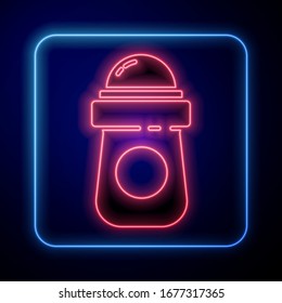 Glowing neon Antiperspirant deodorant roll icon isolated on blue background. Cosmetic for body hygiene.  Vector Illustration