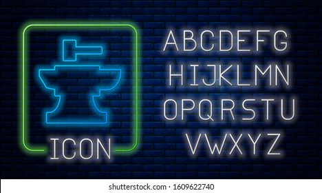 Glowing neon Anvil for blacksmithing and hammer icon isolated on brick wall background. Metal forging. Forge tool. Neon light alphabet. Vector Illustration