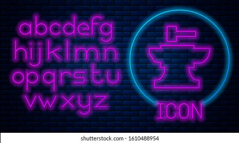 Glowing neon Anvil for blacksmithing and hammer icon isolated on brick wall background. Metal forging. Forge tool. Neon light alphabet. Vector Illustration