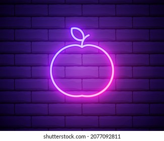 Glowing neon Apple icon isolated on brick wall background. Fruit with leaf symbol. Vector Illustration.