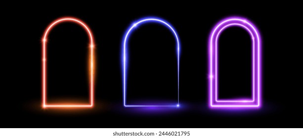 Juego de marcos de arco de neón brillante. Bordes púrpuras, anaranjados, azules y brillantes. Concepto de puertas portales de luz de neón. Borde de arco curvo con destellos y destellos. Elemento de diseño para póster, Anuncio, juego. paquete de Vector