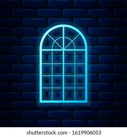 Glowing neon Arched window icon isolated on brick wall background.  Vector Illustration