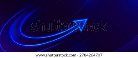 Glowing neon arrow banner, blue curvy pointer up, 3d vector abstract background. Upgrade and growth concept, progress circular sign. Light trails with dynamic motion effect