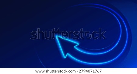 Glowing neon arrow banner, blue curvy pointer up, 3d vector abstract background. Upgrade and growth concept, progress circular sign. Light trails with dynamic motion effect