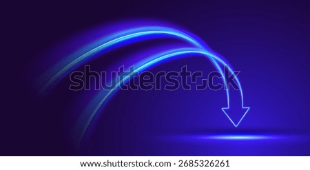 Glowing neon arrow with light trails. Blue curved motion effect on dark background. Personal growth. Quick result. Innovation technology and finance. 