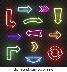 Glowing neon arrow pointer at dark set realistic vector illustration. Collection colorful retro shining light sign street signboard. Electricity illuminated information frame outside design decoration