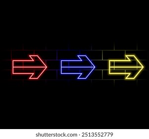 Glowing neon arrow pointer at dark set realistic vector illustration. Collection colorful retro shining light sign street signboard. Electricity illuminated information frame outside design decoration
