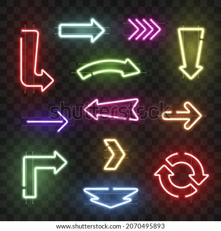 Glowing neon arrow pointer at dark set realistic vector illustration. Collection colorful retro shining light sign street signboard. Electricity illuminated information frame outside design decoration