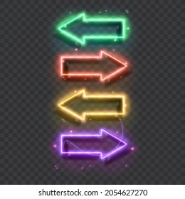 Leuchtende Neonpfeile. Leuchtende Neonpfeile zeigen auf Backsteinmauern. Retro-Schild mit hellen Neonröhren