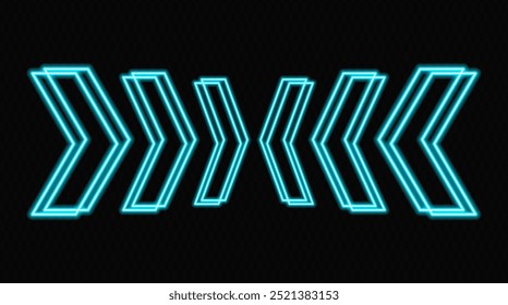 Glowing neon arrows in blue on a transparent background, pointing in opposite directions. Futuristic, abstract design with a modern, minimalistic look, ideal for technology and motion concepts.