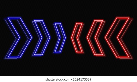 Glowing neon arrows in blue and red on a transparent background, pointing in opposite directions. Futuristic, abstract design with a modern, minimalistic look, ideal for technology and motion concepts