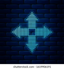 Glowing neon Arrows dots in four directions icon isolated on brick wall background.  Vector Illustration