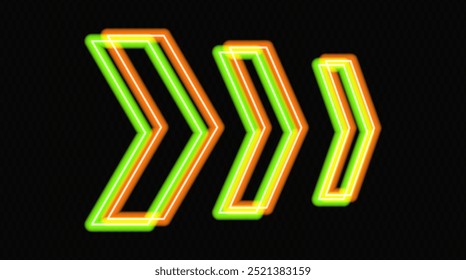 Glowing neon arrows in orange and green on a transparent background, pointing in opposite directions. Futuristic, abstract design with a modern, minimalistic look, ideal for technology