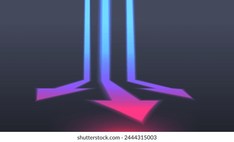 Flechas de neón brillantes con perspectiva sobre fondo oscuro. Ilustración vectorial