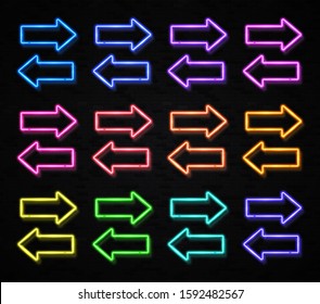 Glowing neon arrows set of different colors isolated on black brick wall background. Pointer direction symbol. Retro design elements. Shining neon light effect. Bright 3d realistic vector illustration
