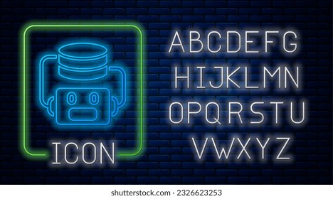 Glowing neon Artificial intelligence robot icon isolated on brick wall background. Machine learning, cloud computing. Neon light alphabet. Vector