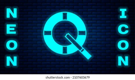 Glowing neon Ashtray with cigarette icon isolated on brick wall background.  Vector