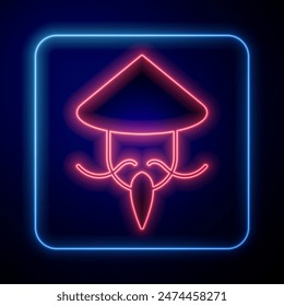 Glowing neon Asian or Chinese conical straw hat icon isolated on black background. Chinese man.  Vector