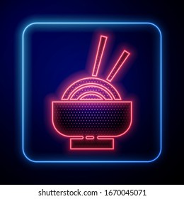 Glowing neon Asian noodles in bowl and chopsticks icon isolated on blue background. Street fast food. Korean, Japanese, Chinese food.  Vector Illustration