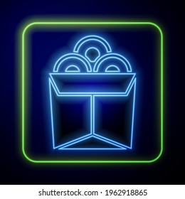 Glowing neon Asian noodles in paper box and chopsticks icon isolated on blue background. Street fast food. Korean, Japanese, Chinese food.  Vector