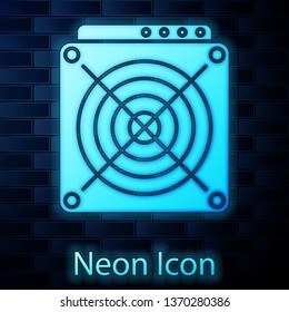 Glowing neon ASIC Miner icon isolated on brick wall background. Cryptocurrency mining equipment and hardware. Application specific integrated circuit. Vector Illustration