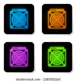 Glowing neon ASIC Miner icon isolated on white background. Cryptocurrency mining equipment and hardware. Application specific integrated circuit. Black square button. Vector Illustration
