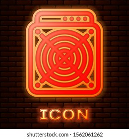 Glowing neon ASIC Miner icon isolated on brick wall background. Cryptocurrency mining equipment and hardware. Application specific integrated circuit.  Vector Illustration