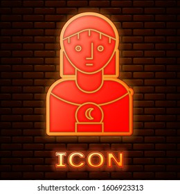 Glowing neon Astrology woman icon isolated on brick wall background.  Vector Illustration