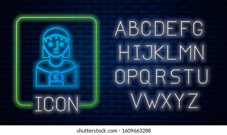 Glowing neon Astrology woman icon isolated on brick wall background. Neon light alphabet. Vector Illustration