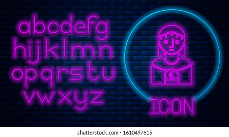 Glowing neon Astrology woman icon isolated on brick wall background. Neon light alphabet. Vector Illustration