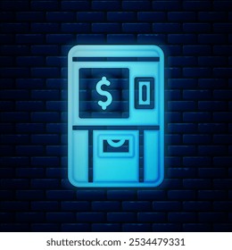 Glowing neon ATM - Automated teller machine and money icon isolated on brick wall background.  Vector