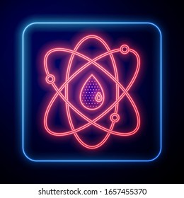 Glowing neon Atom icon isolated on blue background. Symbol of science, education, nuclear physics, scientific research.  Vector Illustration