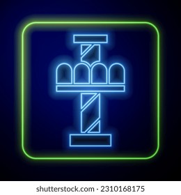 Glowing neon Attraction carousel icon isolated on blue background. Amusement park. Childrens entertainment playground, recreation park.  Vector