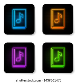 Glowing neon Audio book icon isolated on white background. Musical note with book. Audio guide sign. Online learning concept. Black square button. Vector Illustration