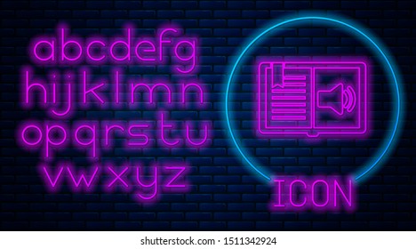 Glowing neon Audio book icon isolated on brick wall background. Audio guide sign. Online learning concept. Neon light alphabet. Vector Illustration