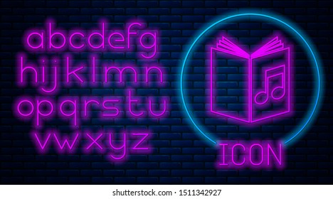 Glowing neon Audio book icon isolated on brick wall background. Musical note with book. Audio guide sign. Online learning concept. Neon light alphabet. Vector Illustration