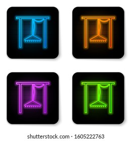 Glowing neon Automatic irrigation sprinklers icon isolated on white background. Watering equipment. Garden element. Spray gun icon. Black square button. Vector Illustration