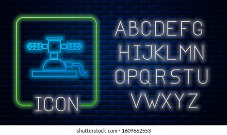 Glowing neon Automatic irrigation sprinklers icon isolated on brick wall background. Watering equipment. Garden element. Spray gun icon. Neon light alphabet. Vector Illustration